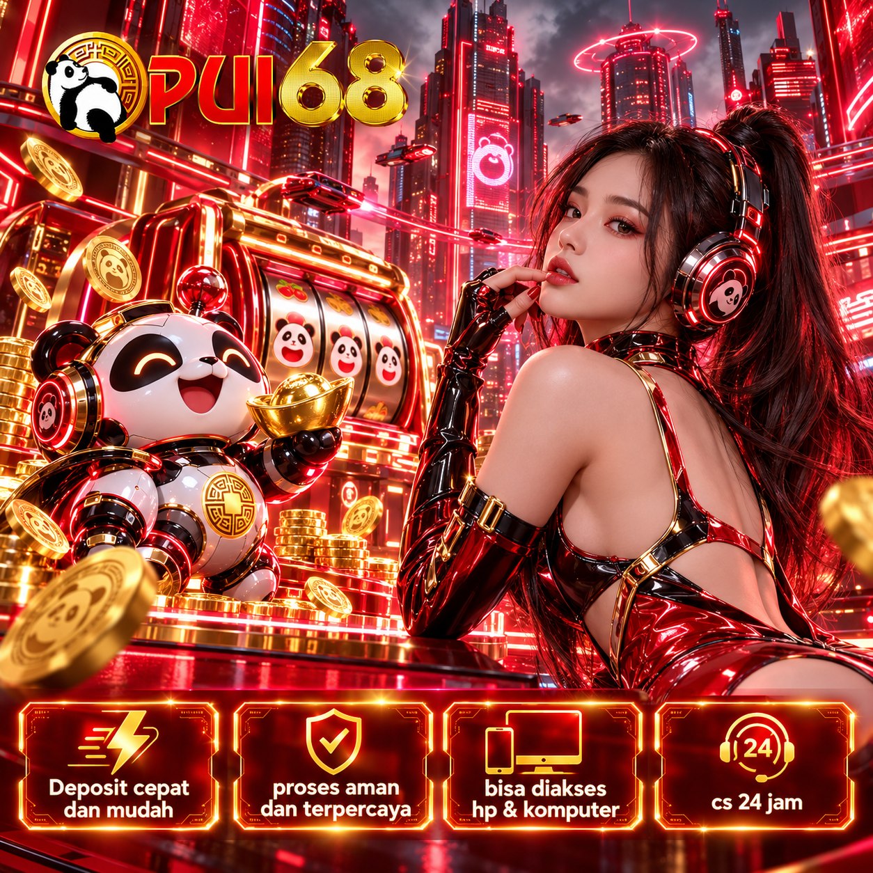 Ilustrasi banner PUI68, tema hiburan digital merah dan emas